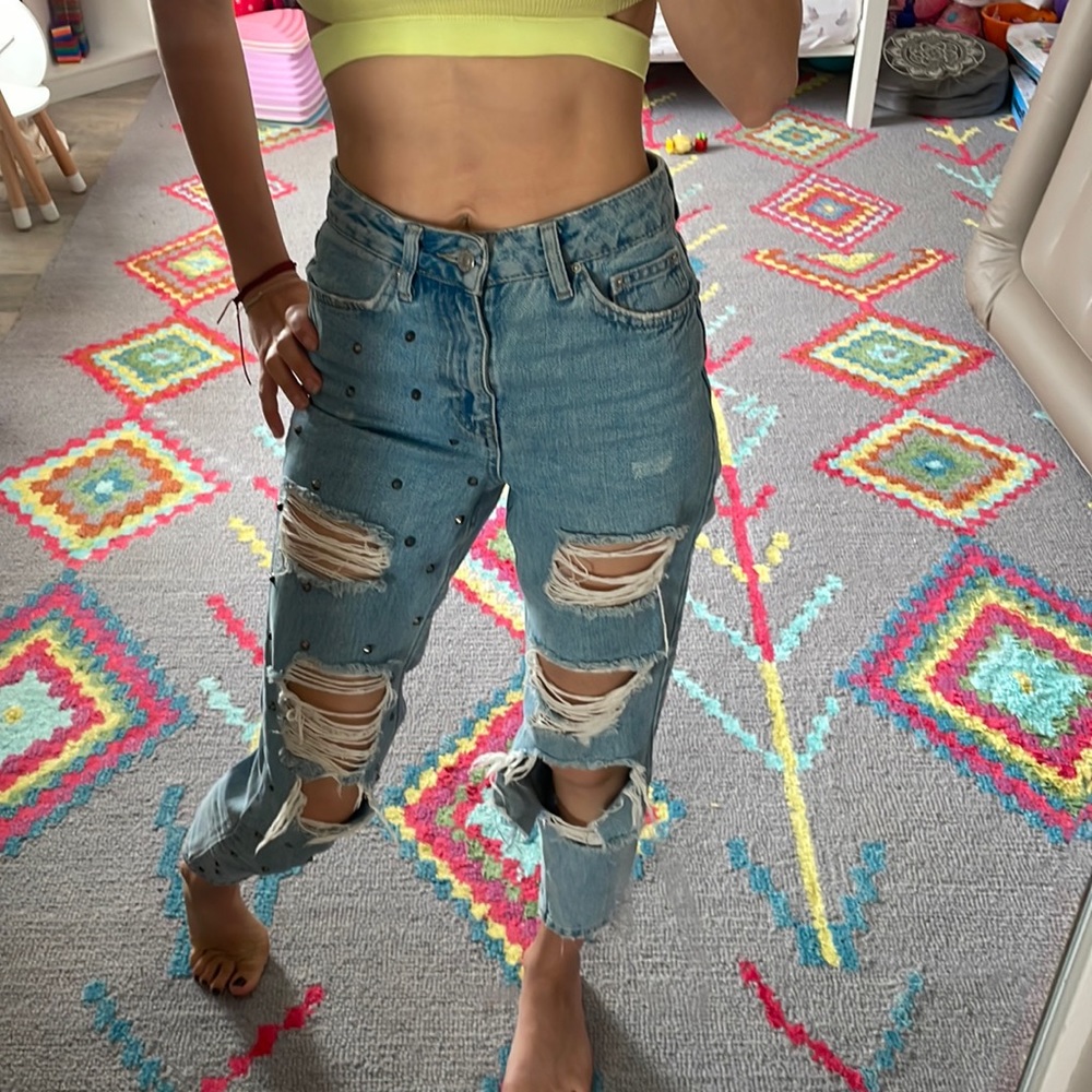Topshop Mom Jeans Ripped Distressed with Metalic Embelishment Design Light Blue